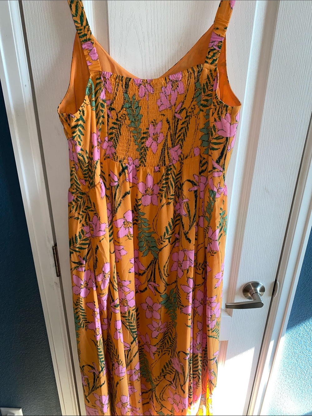 Gibson Latimer Orange Dress with Pink Floral & Green Leaf Print - Picture 5 of 5